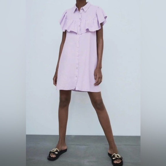 Zara Dresses & Skirts - Zara Lilac Ruffle Linen Blend Shirtdress, Sz M, Western, Boho, Resort